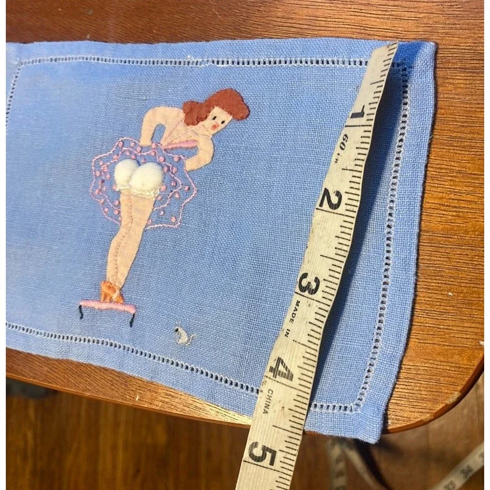 Vintage Cocktail Napkins Risque  Pin Up Girls Madeira Embroidered Linen LOT 5